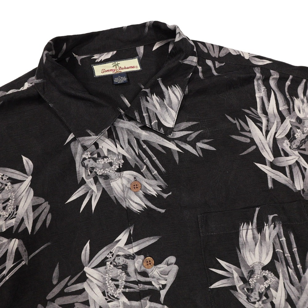 TOMMY BAHAMA Men's L Silk Hula Dancer Bamboo‎ Print Short Sleeve Button Up Shirt